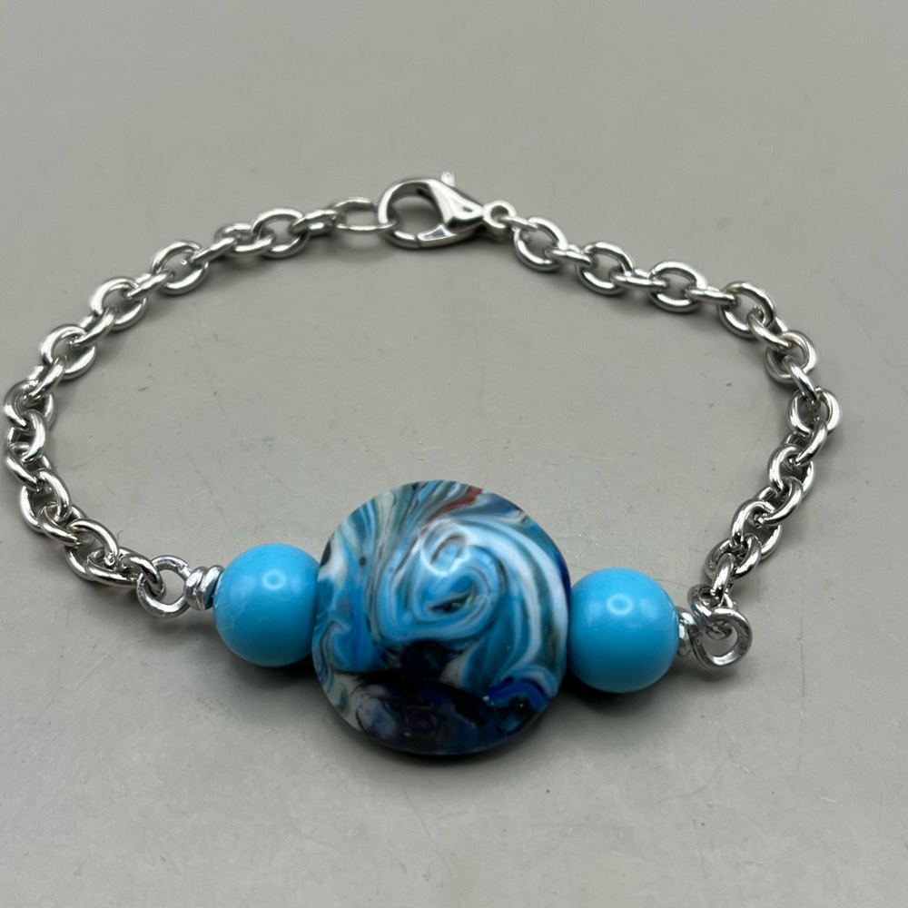 Elegant Silver Tone and Blue Lampwork Bead Bracelet
